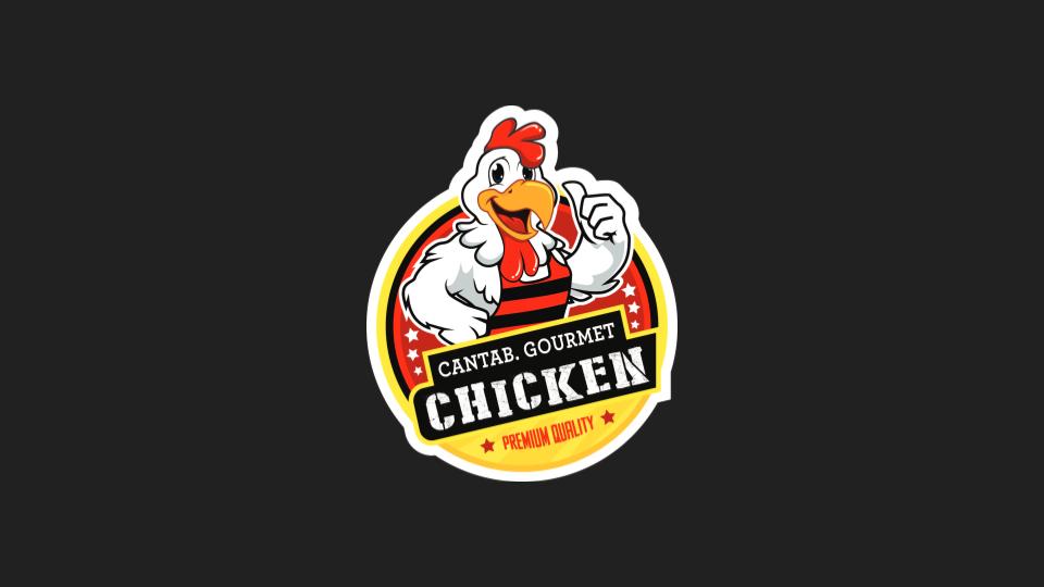 Logo of Cantab Gourmet Chicken featuring a cartoon chicken character with a chef's appearance, holding a chicken leg, on a colorful badge with the text 'Premium Quality'.