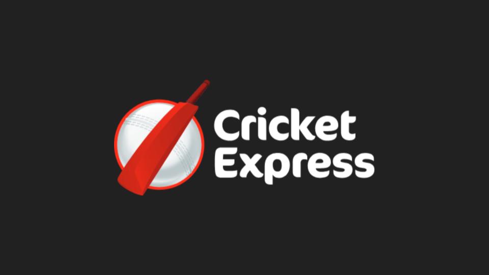 Logo of Cricket Express featuring a red cricket bat and a cricket ball on a dark background