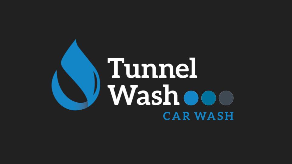 Logo design for Tunnel Wash Car Wash featuring a blue water droplet and stylized text.